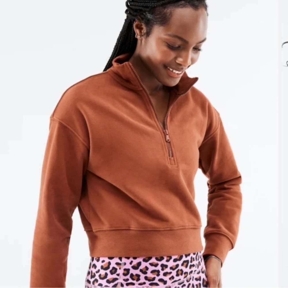 Fabletics Kat Half Zip Pullover Java Brown Cropped Sweatshirt Size Small